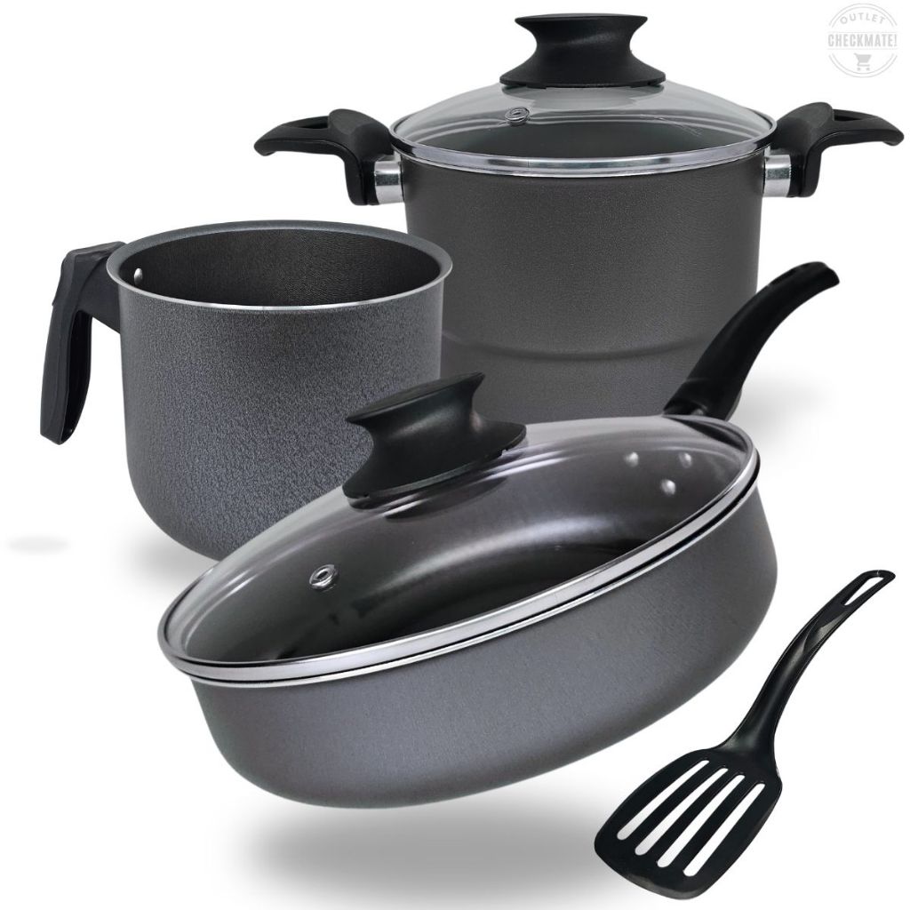 Kit Frigideira Grande Alta 24 cm Cuscuzeiro 16 cm e Caneco 14 cm Antiaderente Com 5 Camadas de Teflon Cor Preto Grafite em Oferta na Shopee