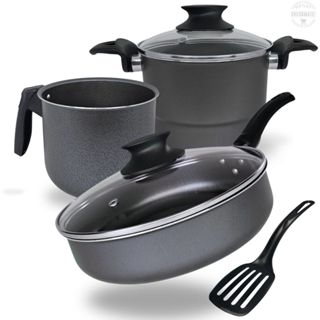 Kit Frigideira Grande Alta 24 cm Cuscuzeiro 16 cm e Caneco 14 cm Antiaderente Com 5 Camadas de Teflon Cor Preto Grafite em Oferta na Shopee