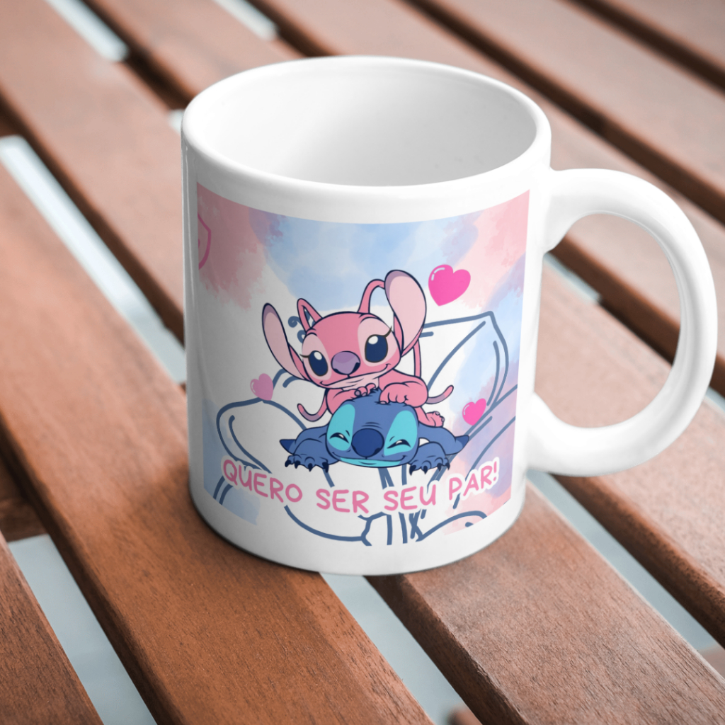 Caneca Stitch e Angel Fofos Por onde For Quero Ser seu Par