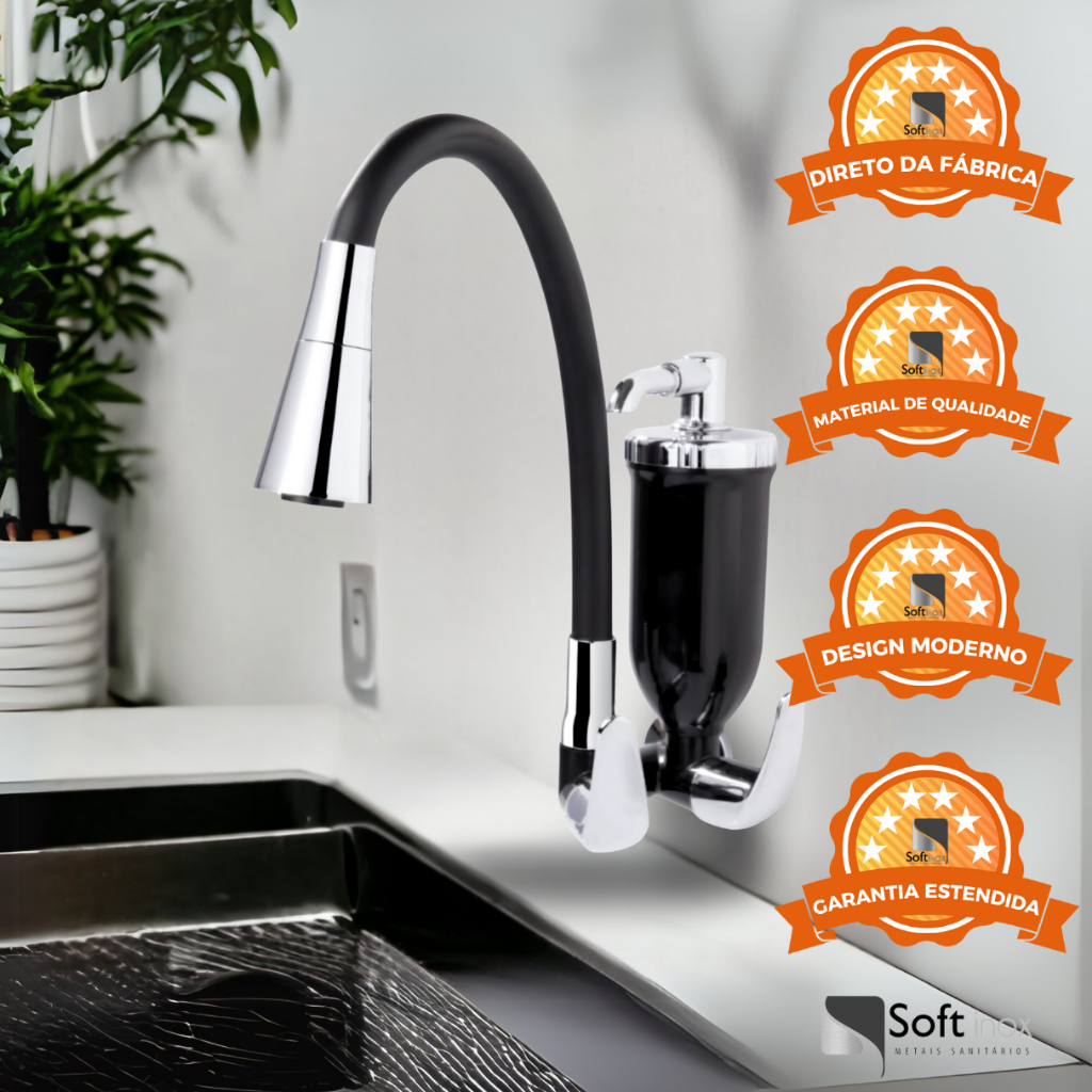 Torneira Gourmet Filtro Cozinha Cone de Parede Preta/Cromada 1/4 de Volta