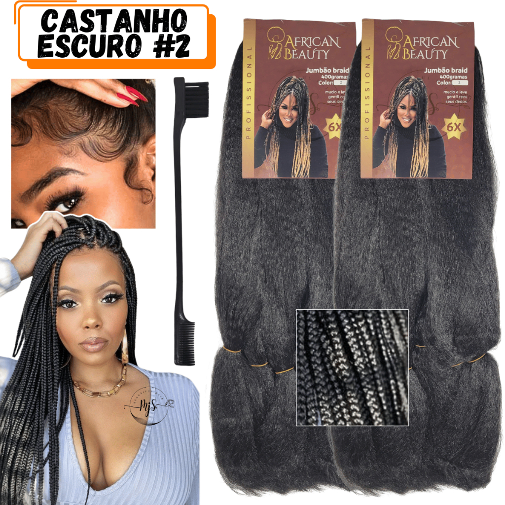 Kit com 2 Cabelos Jumbo Jumbão African Beauty Kanekalon Para Trança Fibra Premium + Escova Baby Hair