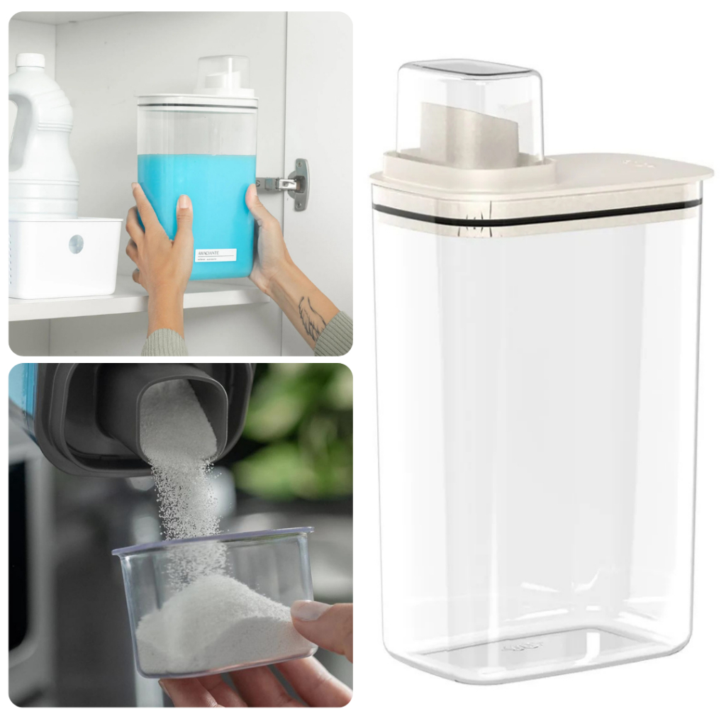 Dispenser Porta Sabão Em Pó Líquido Amaciante 2,3L Com Copo Medidor Transparente Bege - Home & Living