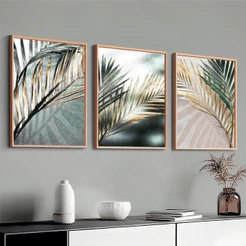 Conjunto 3 Quadros Moldura 50x70 Folhagem Verde e Dourada Sala Quarto Escritório