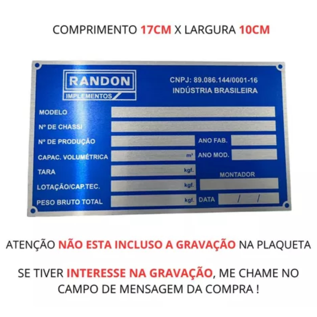 Plaqueta Randon Carreta Identificação De Alumínio Carretinha