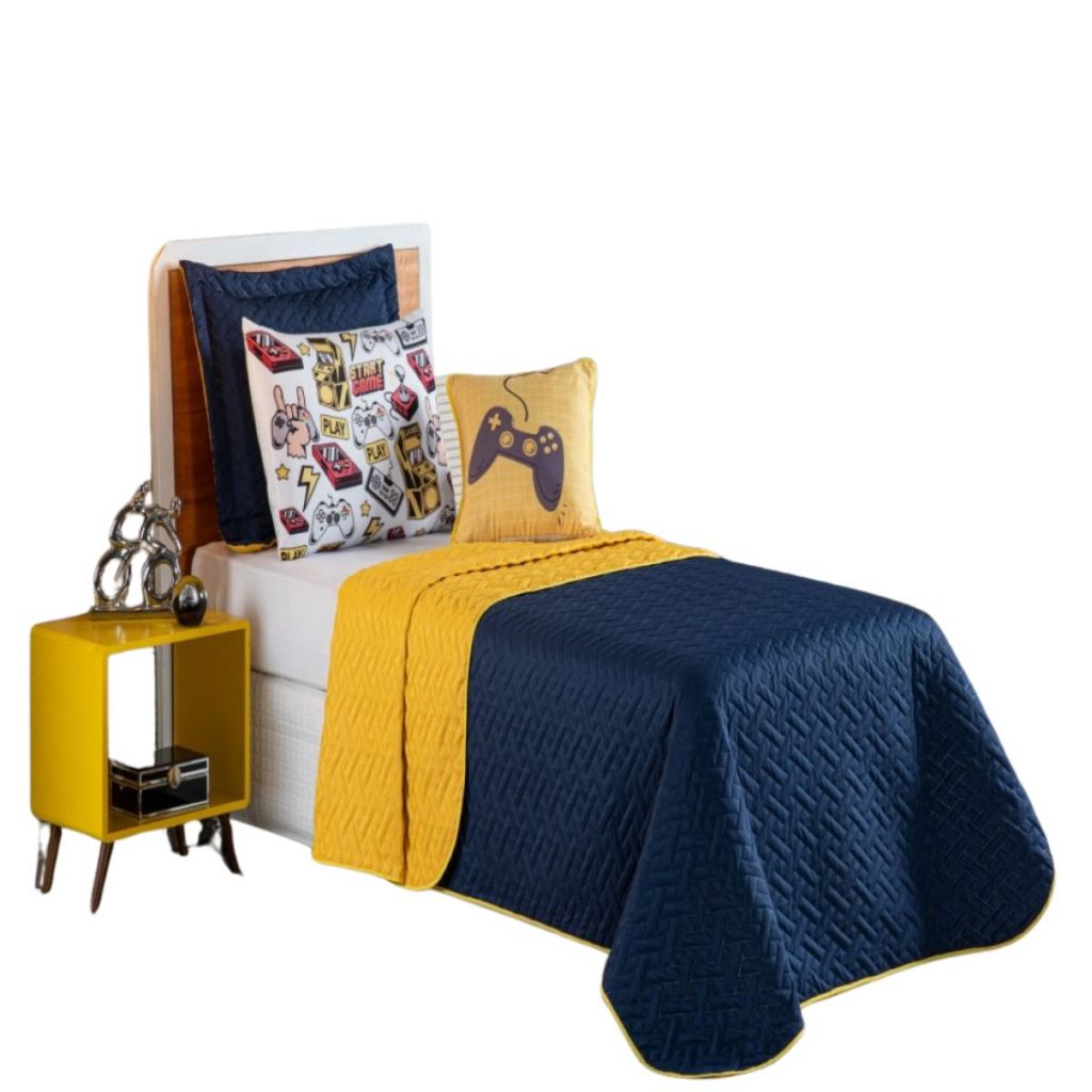 Kit Colcha Cobre Leito Jogo Roupa Cama Edredom Solteiro 5 Peças Quarto Menino Video Game Amarelo