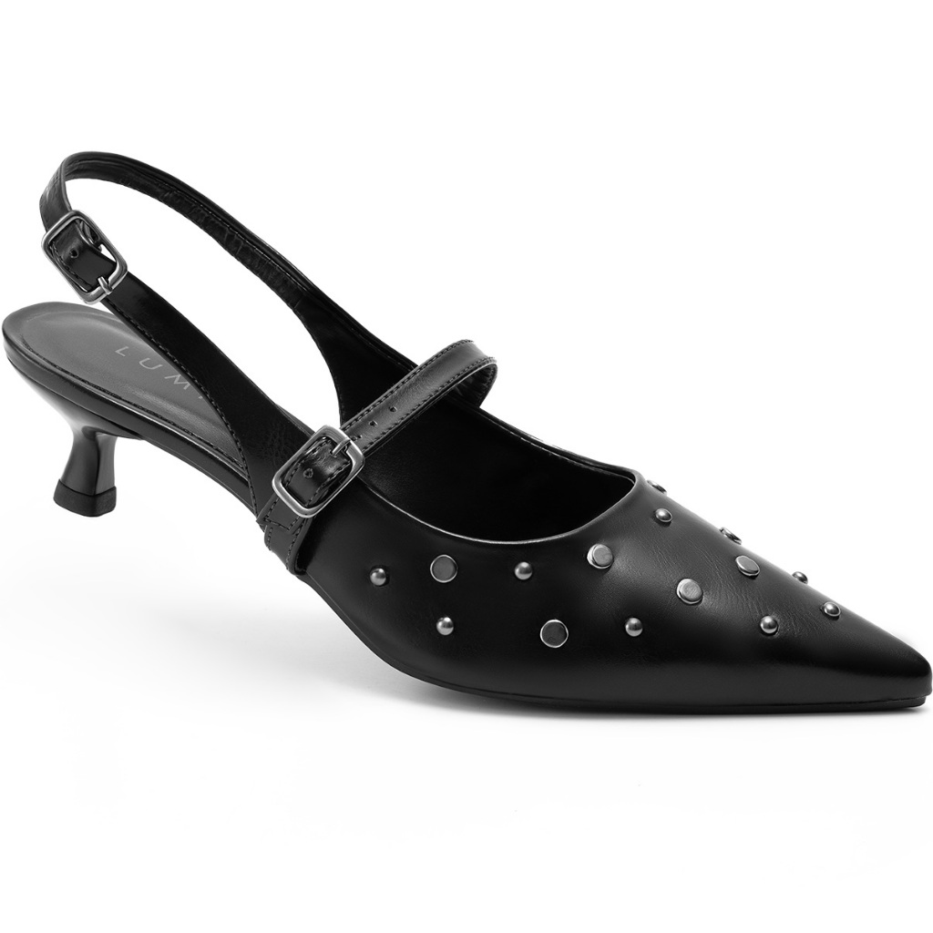 Scarpin Feminino Lumiss Bico Fino Rebite Salto Fino Baixo Preto em Oferta na Shopee