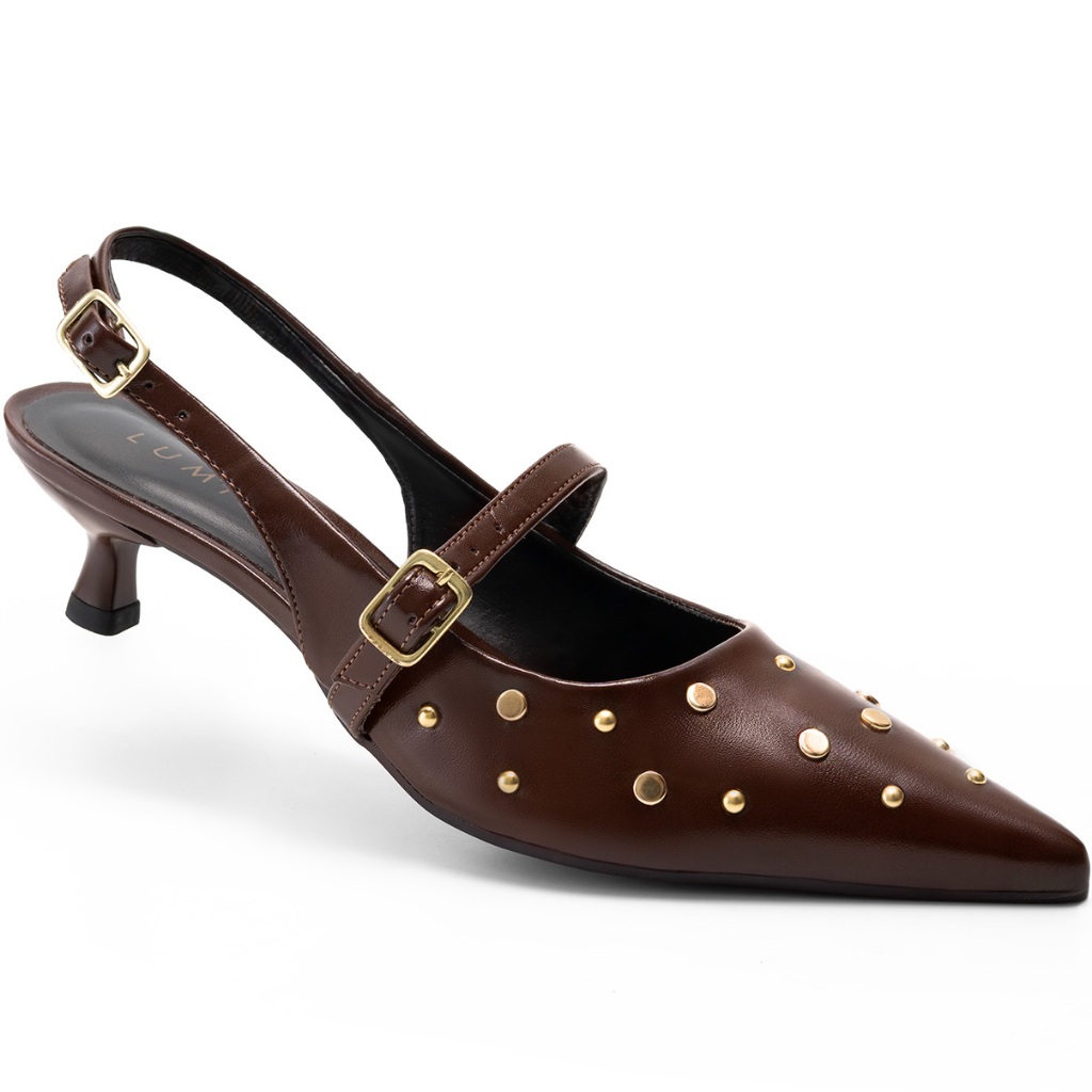Scarpin Feminino Lumiss Slingback Salto Fino Baixo Rebite Bico Fino em Oferta na Shopee