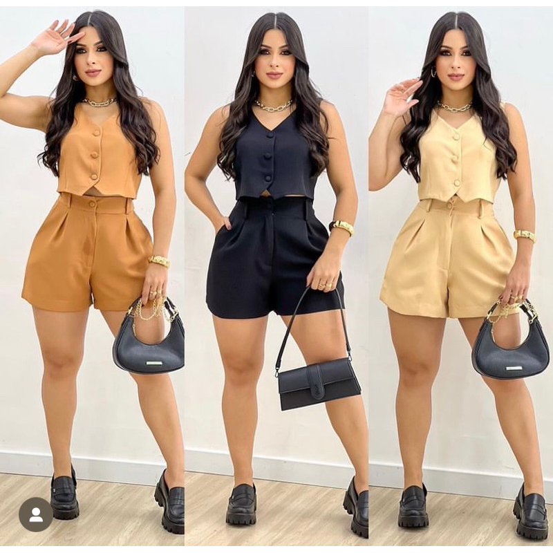 Conjunto Colete de Crepe de Alfaiataria com Short de Crepe em Oferta na Shopee