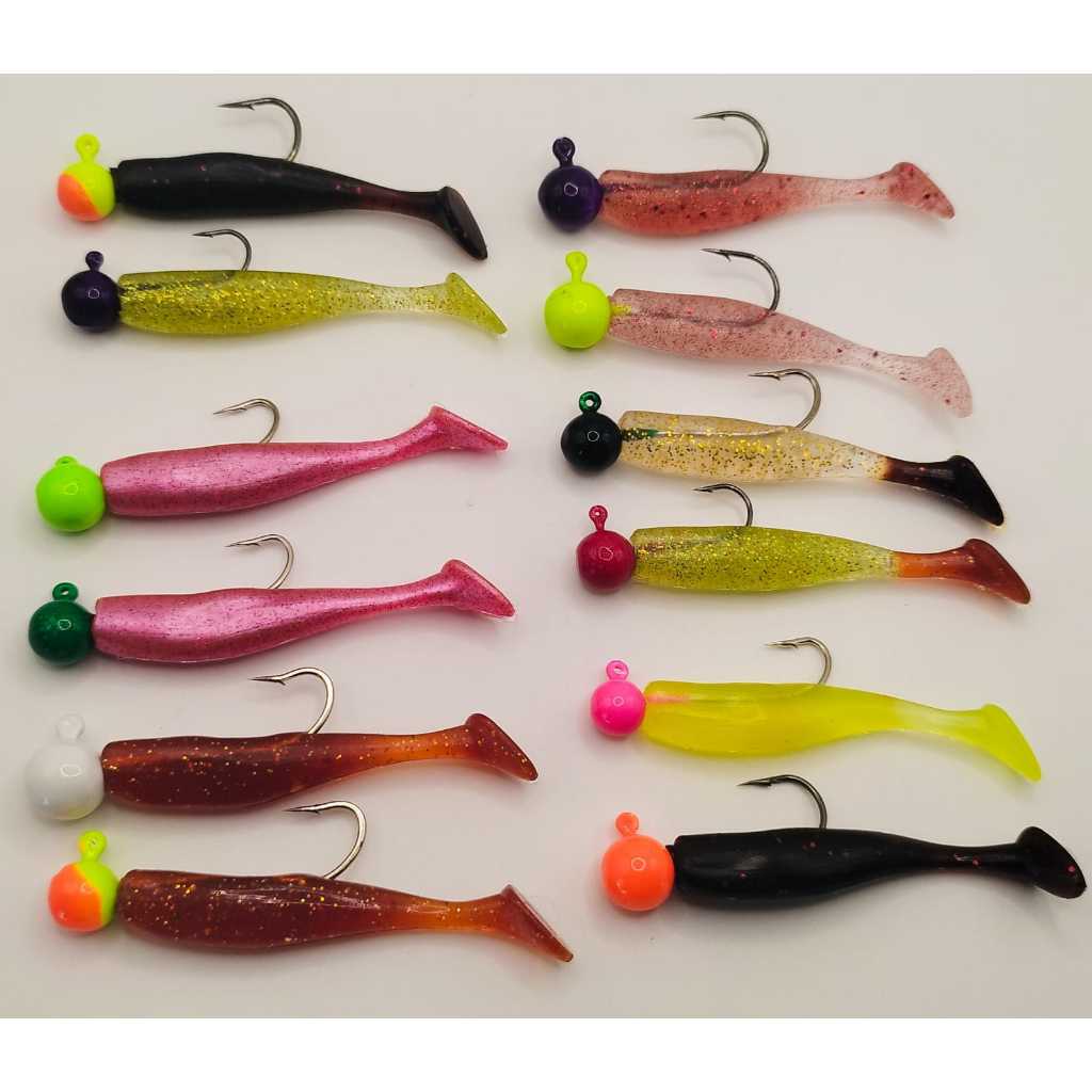 Kit 2 Jig Head 4/0 E 3/0 + Shad 7cm Isca Artificial  QUEIMA ESTOQUE Peixinho Soft Pesca de praia, barranco e embarcado
