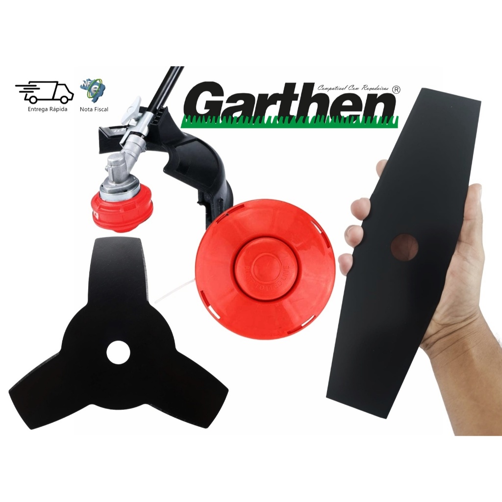 Lâmina faca + Disco 3 Pontas + Carretel P/ Roçadeira Garthen Cg420 Cg450 Cg550 Cg330b Cg320 Cg350