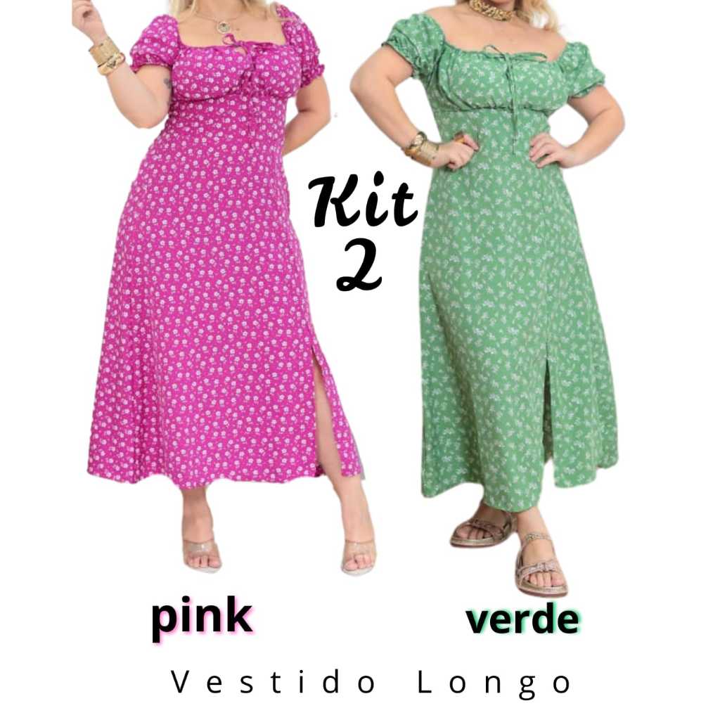 Kit 2 Peças de Vestido Feminino Midi com Manga Princesa com forro e Fenda na Frente Elegância - Moda Casual