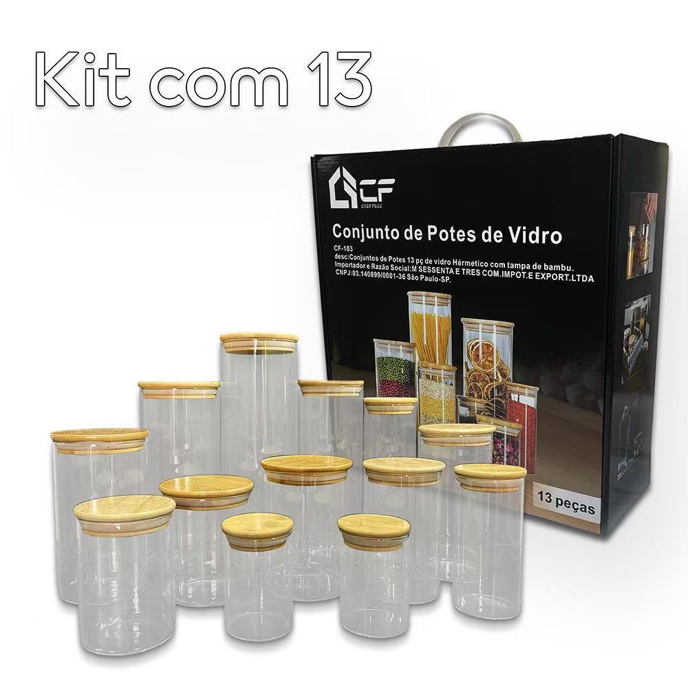 Kit Potes de vidro herméticos com 8 ou 13 potes Tampa Bambu em Oferta na Shopee