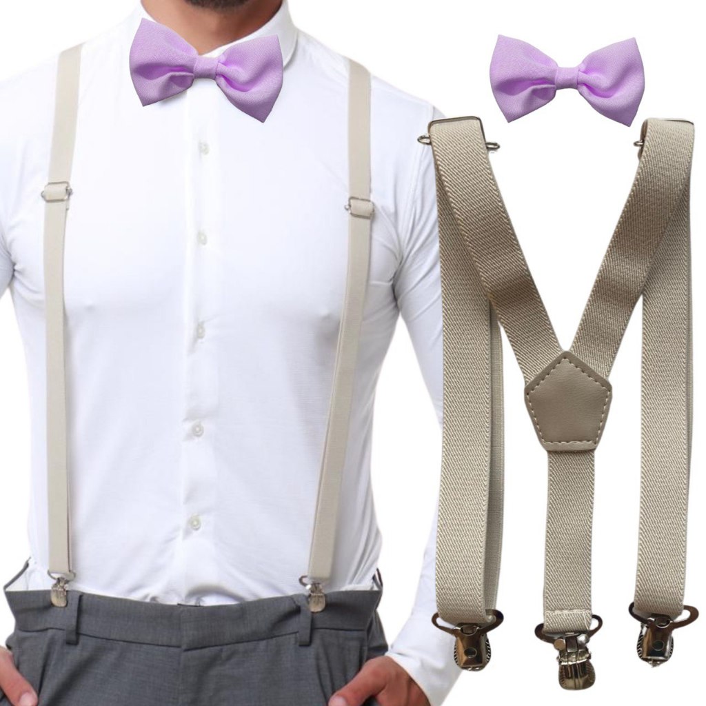 Suspensório Bege Nude Off White E Gravata Borboleta Lilás Lavanda Adulto e Mais Cores Casamento Formatura Padrinho Festa