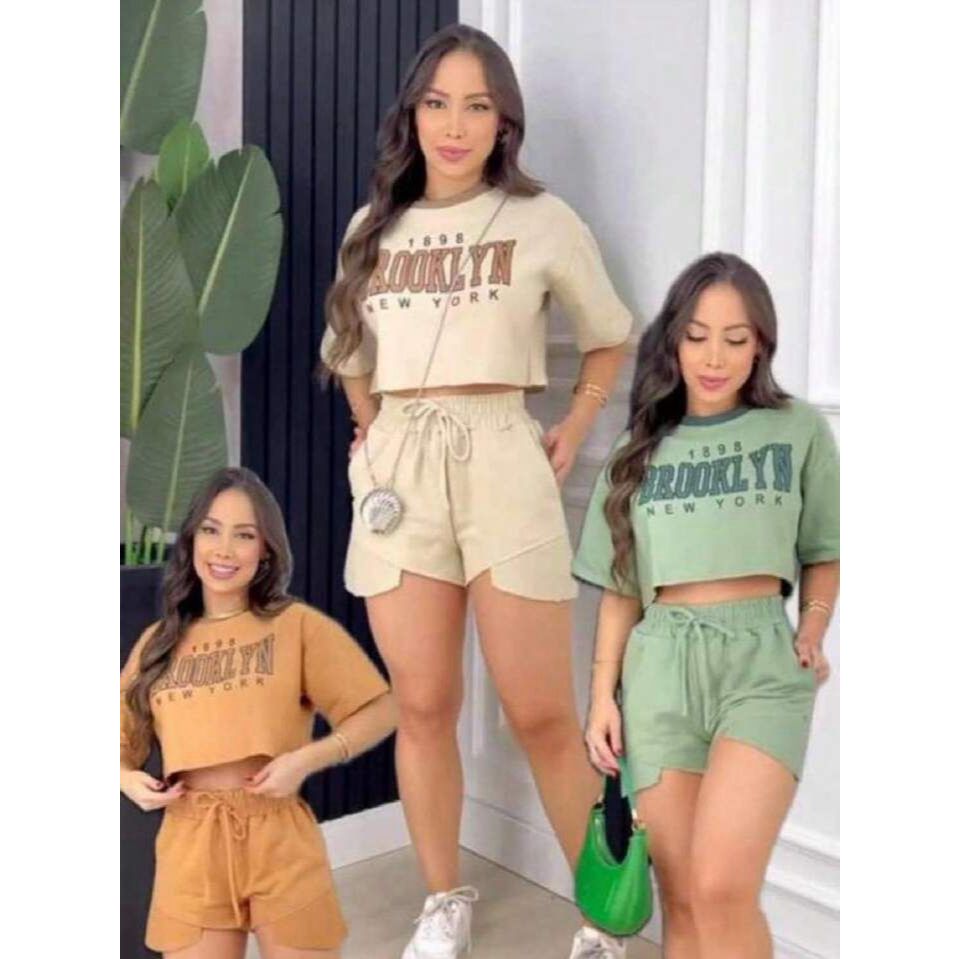 Conjunto Moletom Feminino Brooklyn Blusa Cropped E Curto Cós Alto Top Moletinho 2025