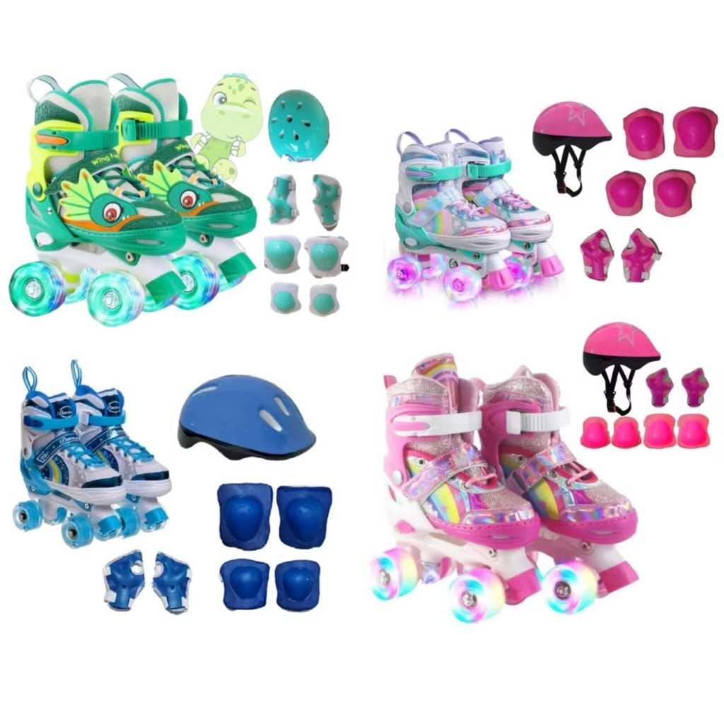 Patins Infantil Arco Íris Rosa Quad Com Ajuste De Tamanho Rodas Com Led Mais Kit Proteção Segurança