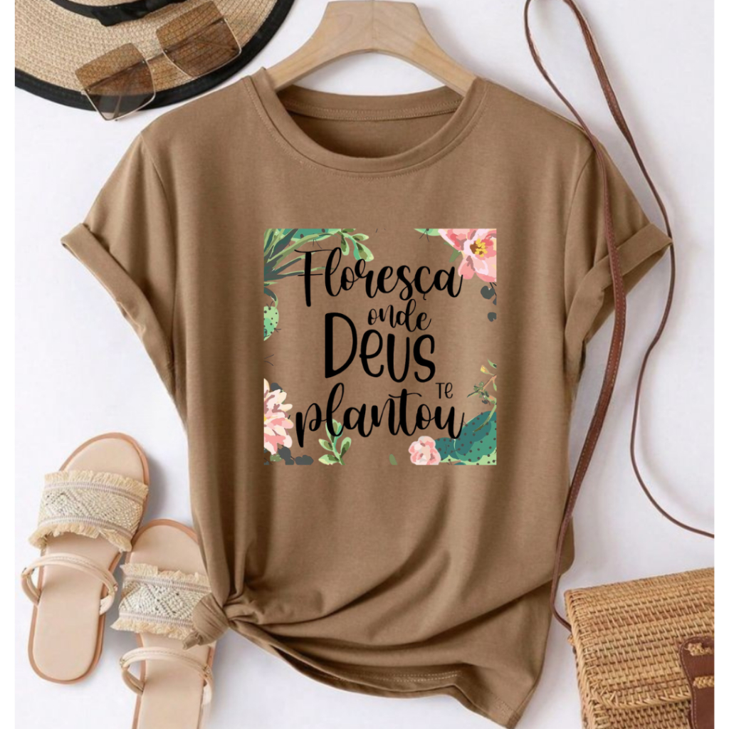T-shirt Feminina Camiseta Floresça Onde Deus Te Plantar Básica Casual Tecido Respirável em Oferta na Shopee