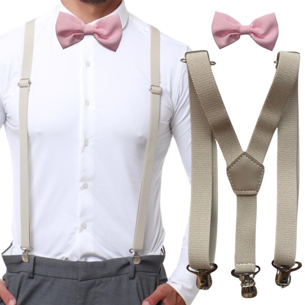 Suspensório Bege Nude Off White E Gravata Borboleta Rosa Bebê Adulto e Mais Cores Casamento Formatura Padrinho Festa