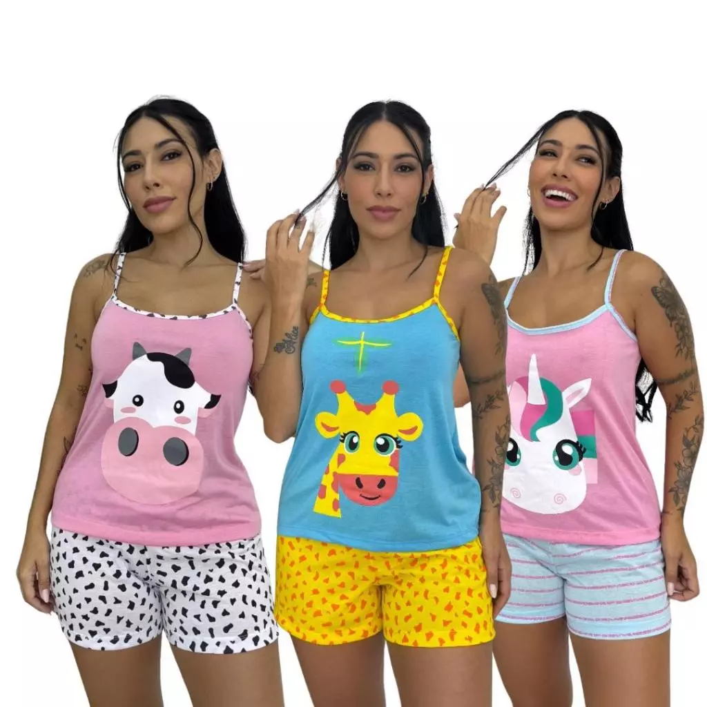 Kit com 2 Baby Doll Alcinha Feminino Estampada Fresquinho Malha Short Confortável Curto Roupa de Dormir Adulto Dejule — imagem 1