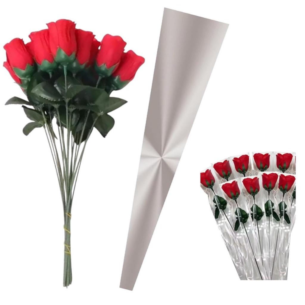 Kit 50 Rosas Vermelhas Artificiais Botão + 50 Embalagens Dias Das Mães Presente Rosa com Embalagem
