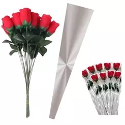Kit 50 Rosas Vermelhas Artificiais Botão + 50 Embalagens Dias Das Mães Presente Rosa com Embalagem