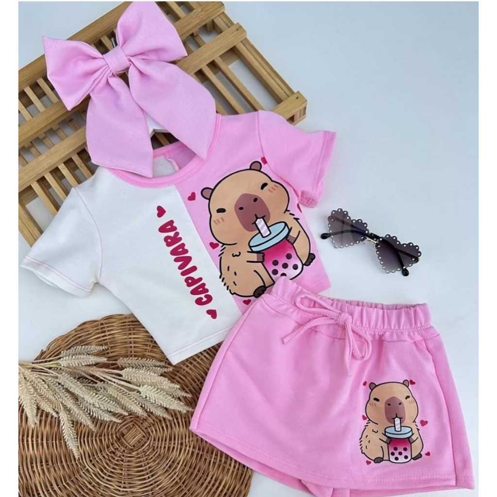CONJUNTO INFANTIL E JUVENIL CAPIVARA SHORT SAIA E BLUSA em Oferta na Shopee