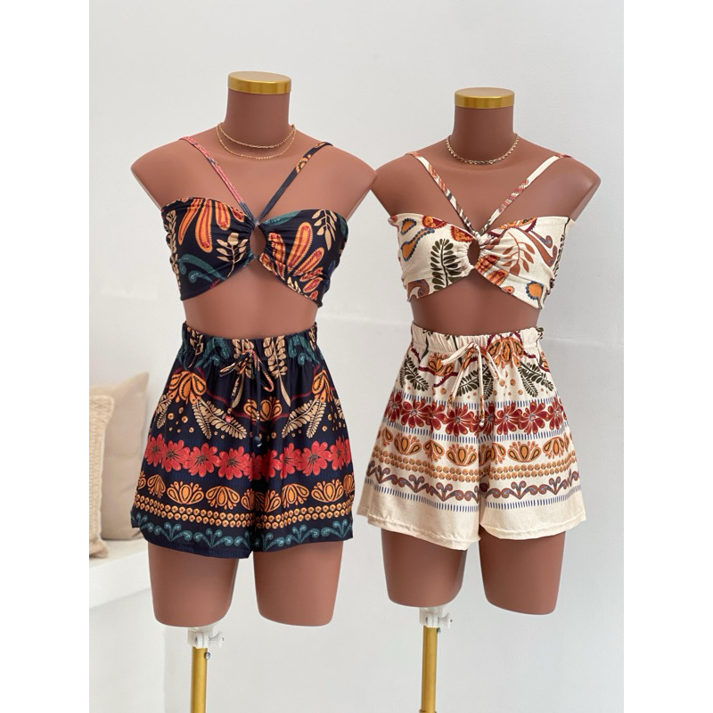 Conjunto Cropped e short Godê estampado tendência Moda blogueira