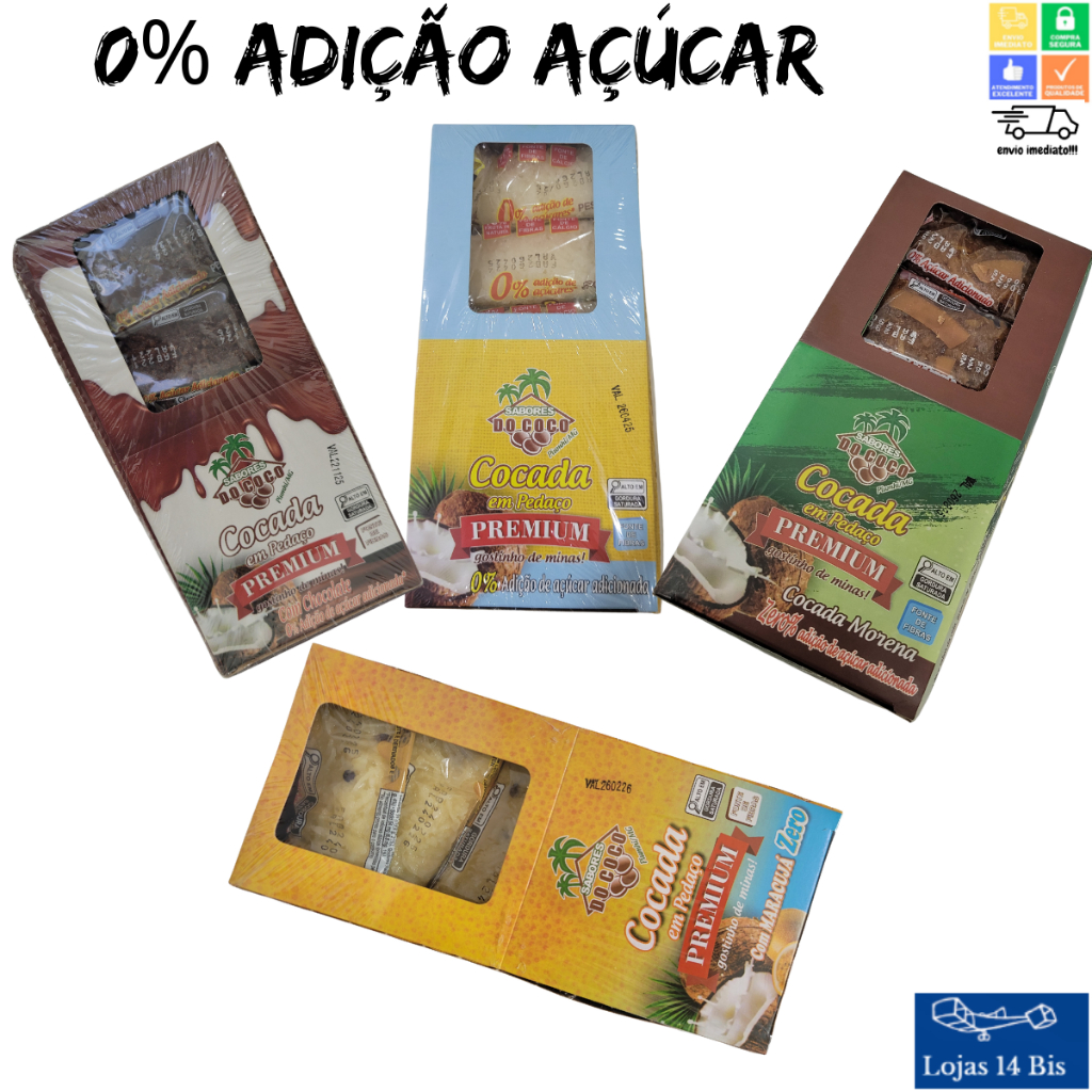 Cocada Artesanal Premium Branca - Morena - Maracujá ou Chocolate 0% de Adição de Açúcar 15x40g