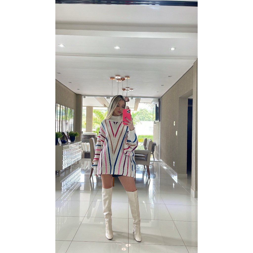 Poncho Blusa  Listado Tricot Gola Alta Feminina Detalhe em V Listado Elegânte Casual Tendência