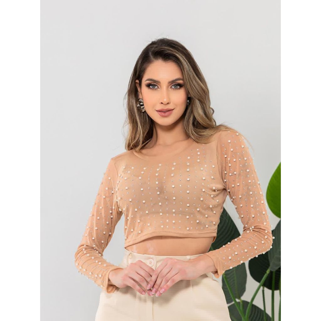 Cropped Brilho Com Pérola Manga Longa
