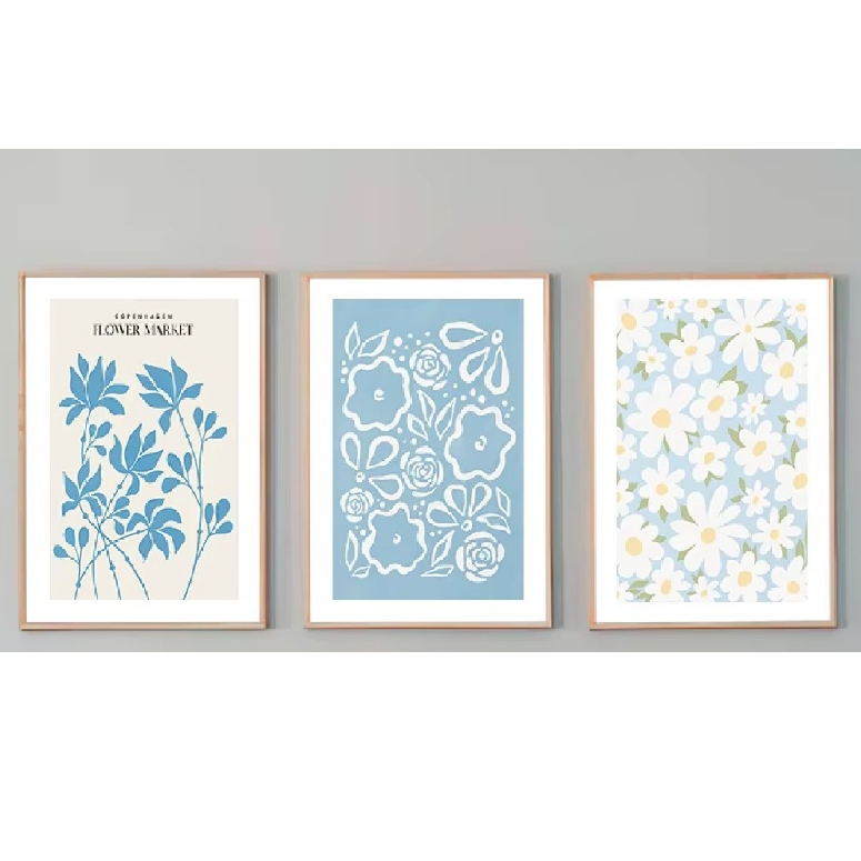 Quadros decorativos Flor azul mercado folha linha minimalismo arte (3 peças)