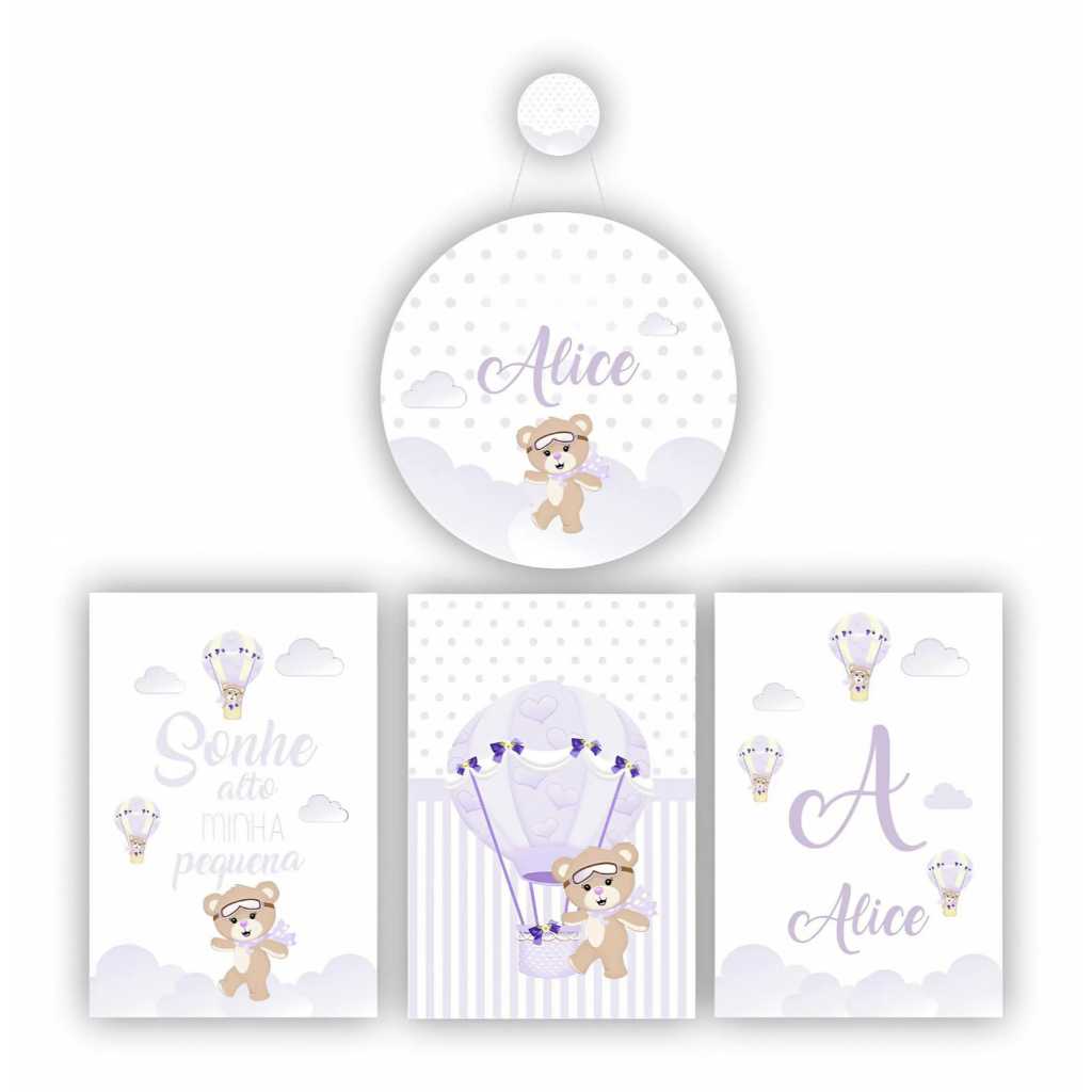 Kit quadro decorativo porta maternidade ursinho voador balao personalizado FAVOR MANDAR NOME NO CHAT LOGO SE NAO IRA SEM