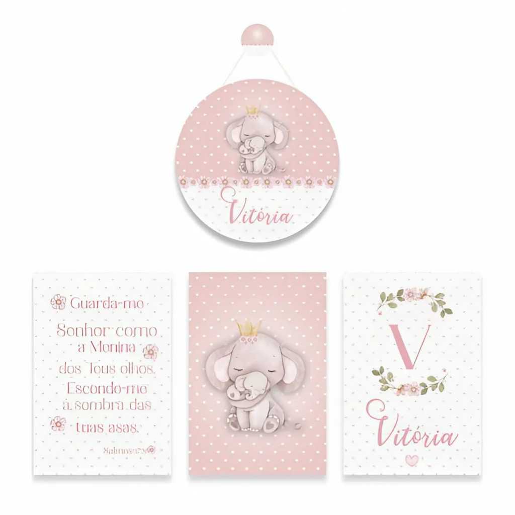 Kit quadro decorativo porta maternidade elefantinha menina personalizado FAVOR ENVIAR NOME N CHAT APOS COMPRA OU IRA SEM