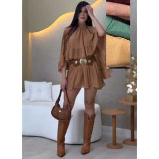Vestido Curto Rodado + Bata babado em crepe em Oferta na Shopee