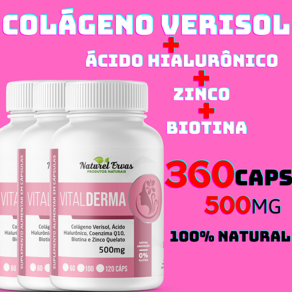 Colágeno Verisol + Ácido Hialurônico + Zinco + Biotina + Coenzima Q10 - 120 cápsulas 500mg