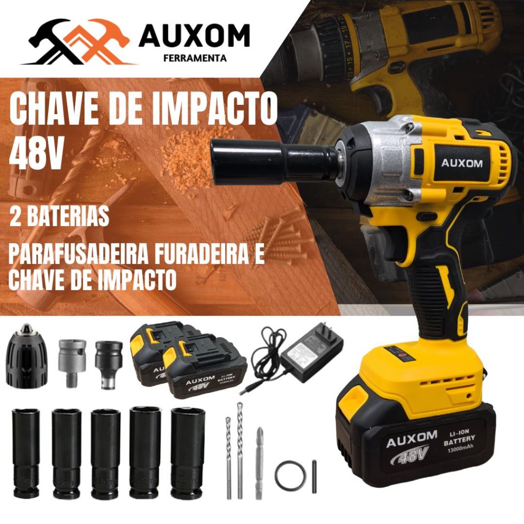 AUXOM Furadeira parafusadeira e Chave De Impacto 48v 2 Baterias kit ferramentas completo