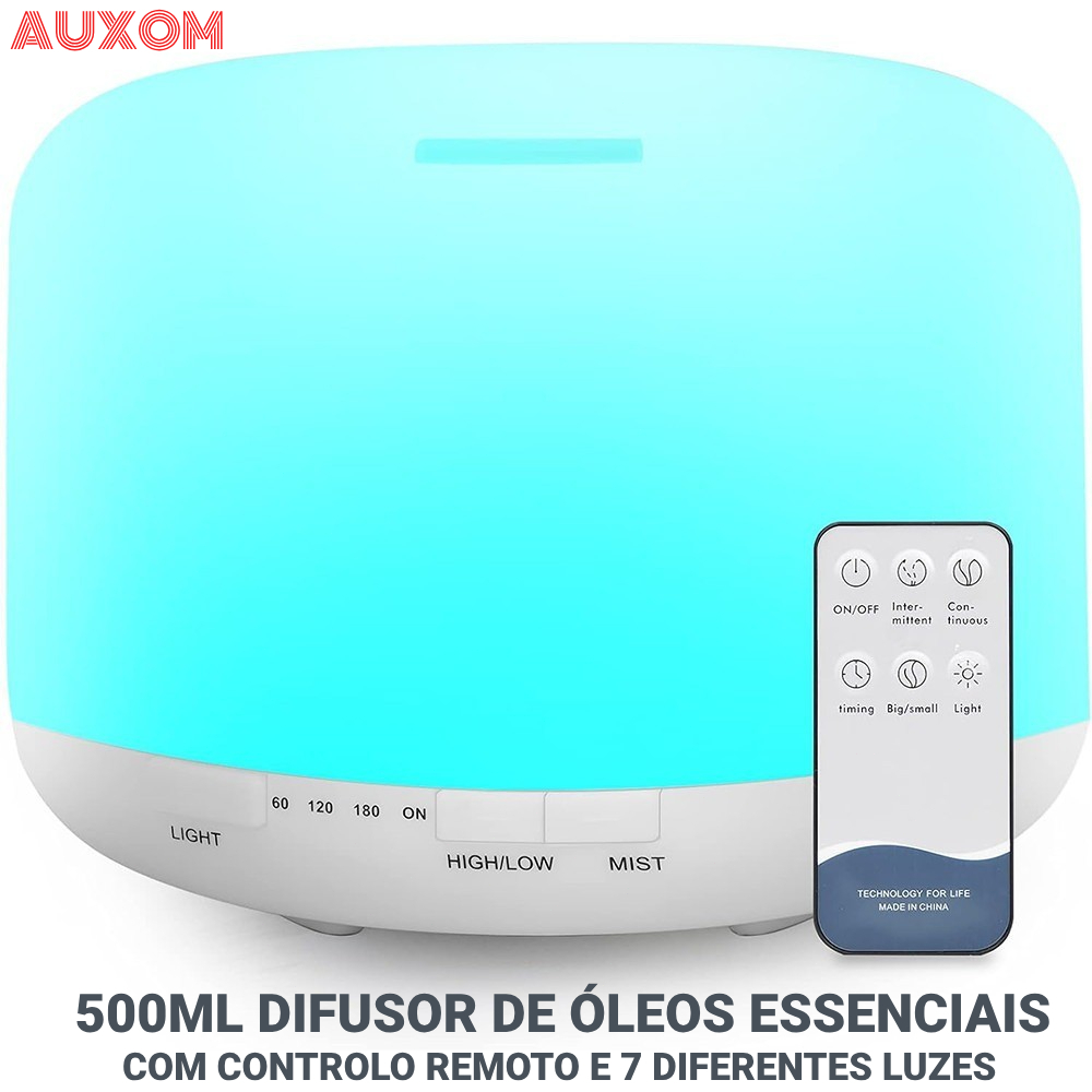 500ML Difusor De Óleos Essenciais, Humidificador Ultrassónico Sem BPA Com Controlo Remoto E 7 Diferentes Luzes em Oferta na Shopee