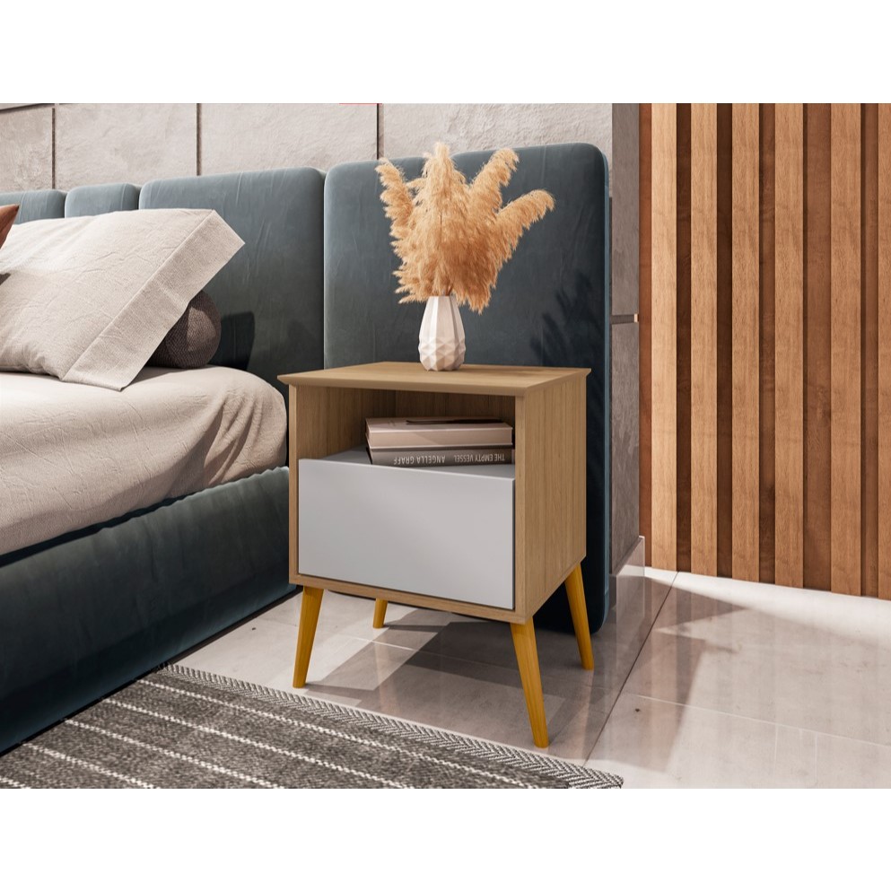 QUEIMA DE ESTOQUE - 01 MESA DE CABECEIRA CANCUN NICHO QUARTO DECORAÇÃO PÉS MADEIRA MACIÇA 1 GAVETA