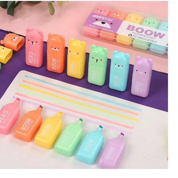 Kit com 6 Marca Texto Formato Ursinho Urso Animais Papelaria Fofa