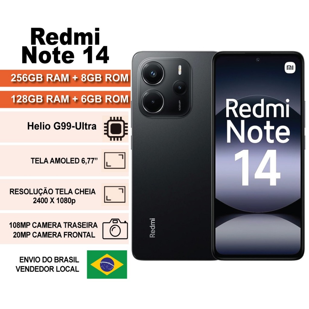 Celular Xiaomi Redmi Note 14 8GB 256GB e 6GB 128GB Versão Global 4G Câmera de 10