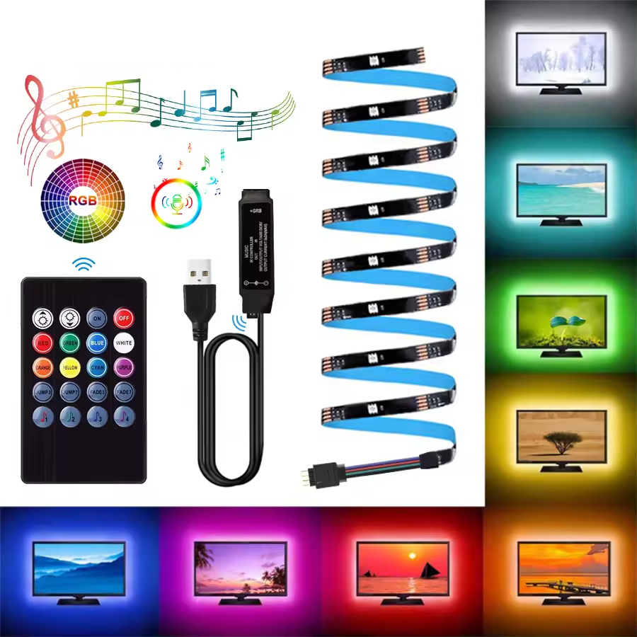 Fita LED USB Sensor Rítmico Som RGB Multicolor 2 Metros Controle P/ TV Sala Quarto Painel Decoração Luz Fundo