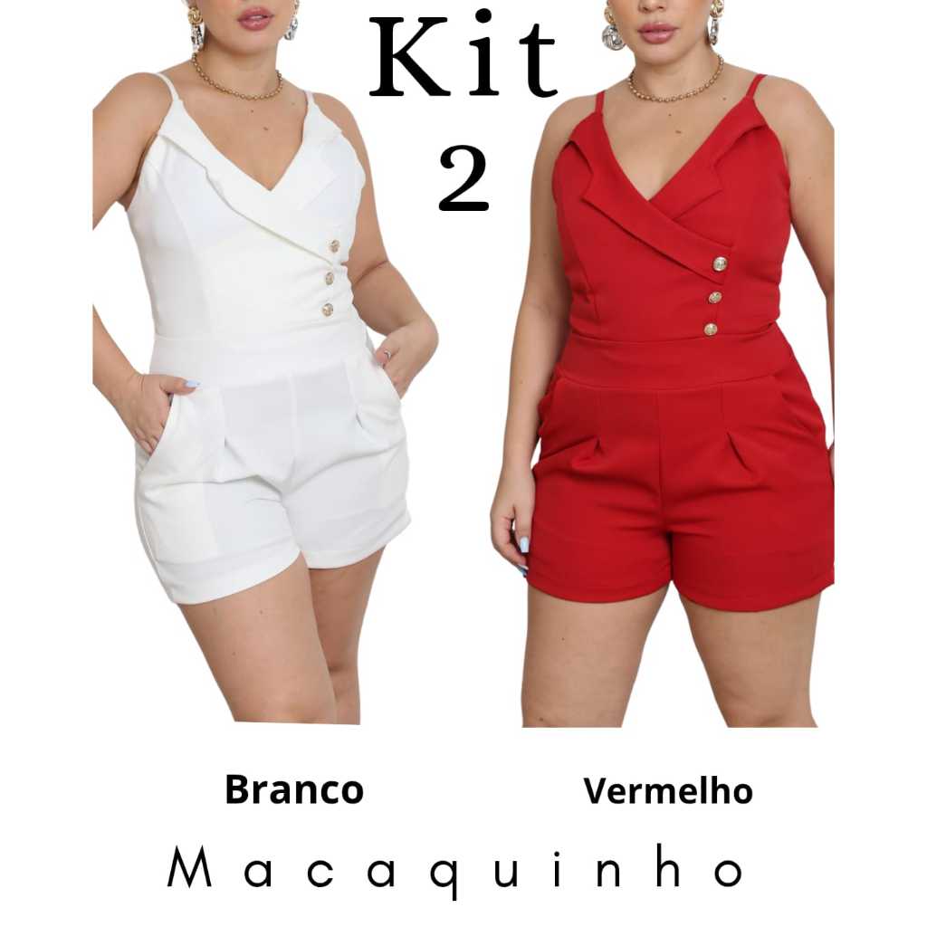 Kit 2 Macaquinhos Feminino Alfaiataria Decote V  Short com Alça Blogueira - Moda Verão