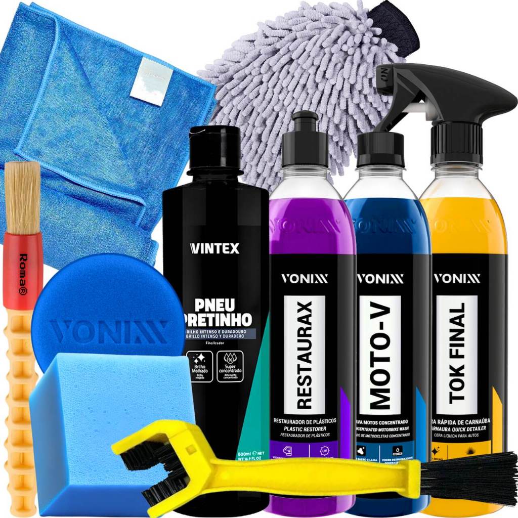 Kit para Lavar Moto Tok Final Moto-V Restaurax Pneu Pretinho Vonixx em Oferta na Shopee