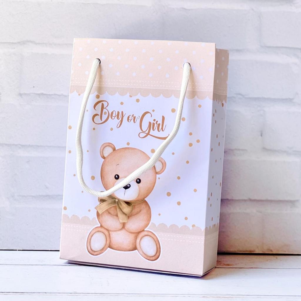 Sacolinha Personalizados Chá Revelação Ursinho Bege PEGUE E MONTE) / Lembrancinha e Mimos para Festa de Aniversário