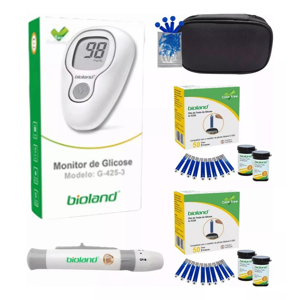 Monitor Glicose 125 Tiras + 25 Lancetas + Lancetador Bioland