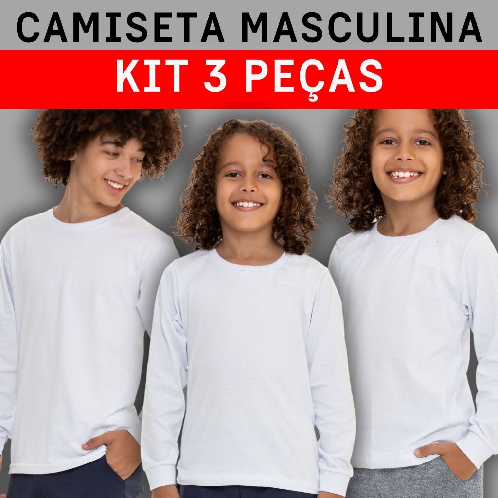 KIT 3 Camiseta Infantil Manga Longa com Punho Branca Lisa 3020-K3-C1
