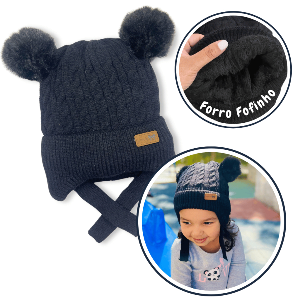 Touca lã infantil pompom ovelhinha forro interno pelúcia fofa alça gorro toca frio inverno