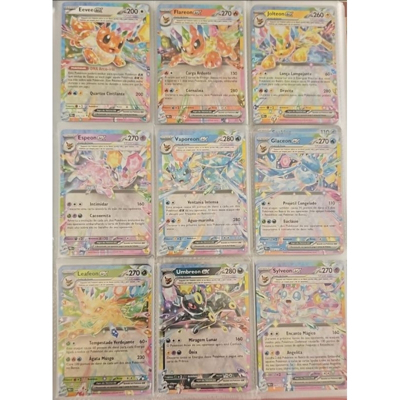 9 cartas pokemon Eeveelutions Ex Evoluções Prismaticas (Eevee, Umbreon, Sylveon, Leafeon, Flareon, Jolteon, Glaceon....)