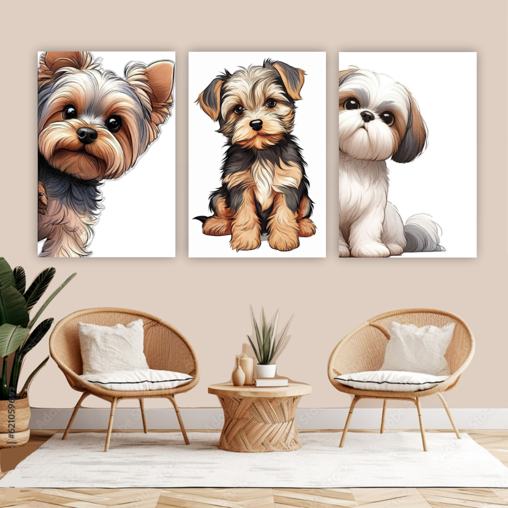 Quadro decorativo 3 peças cachorro cachorrinhos decoração para pet shop
