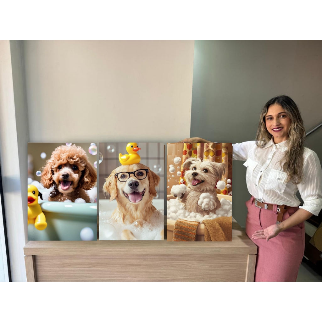 Quadro decorativo cachorrinhos tomando banho cachorro banheira decoração para pet shop banheiro