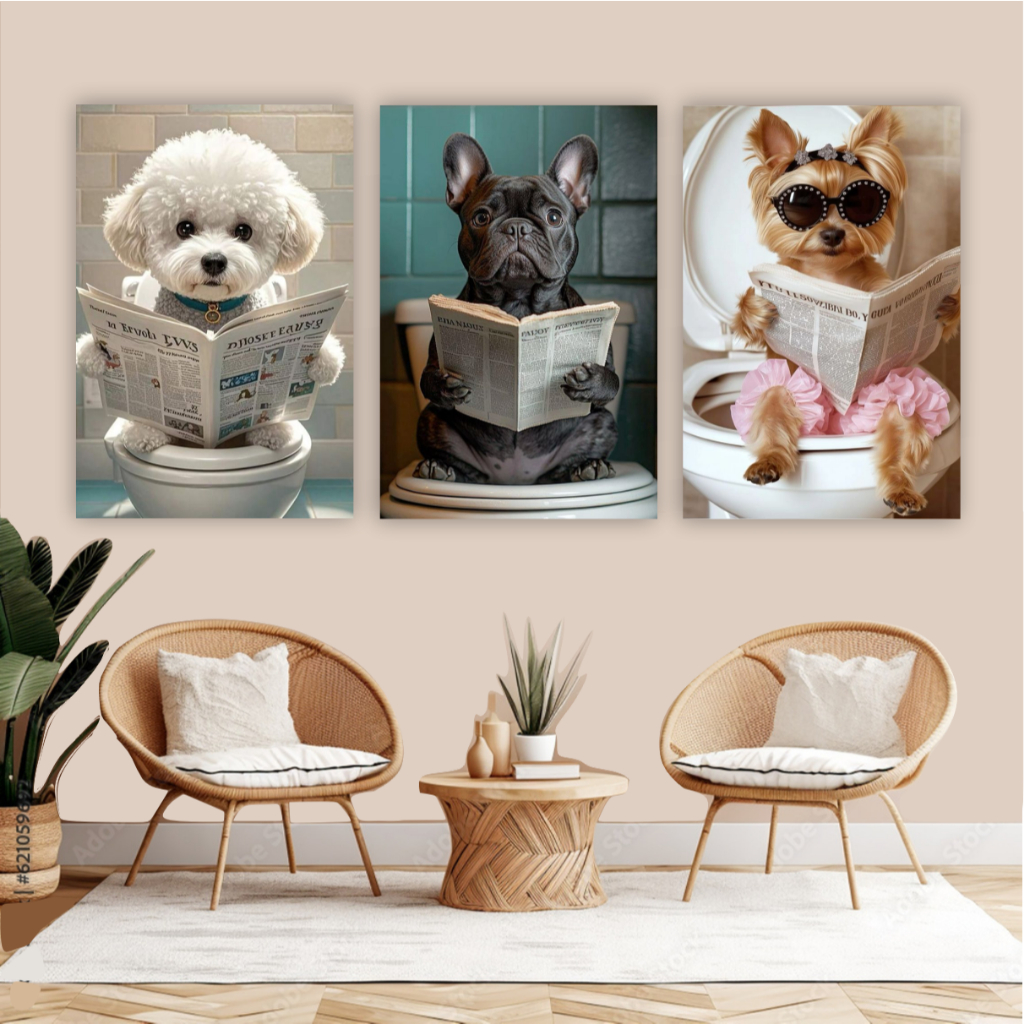 Quadro decorativo cachorrinhos no banheiro cachorro lendo jornal no vaso decoração pet shop